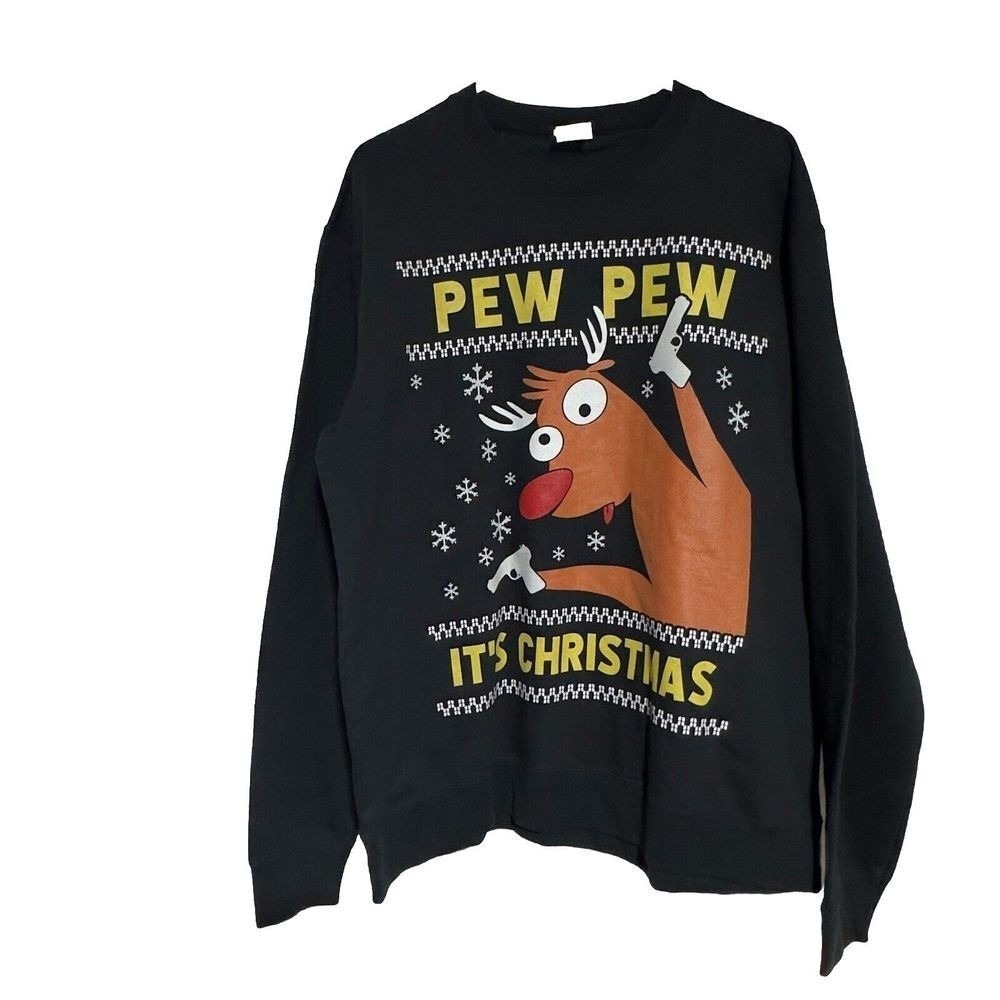 Port & Company Ring spun SZ L Ugly Christmas Sweater Santa's Reindeer Pew Pew‎